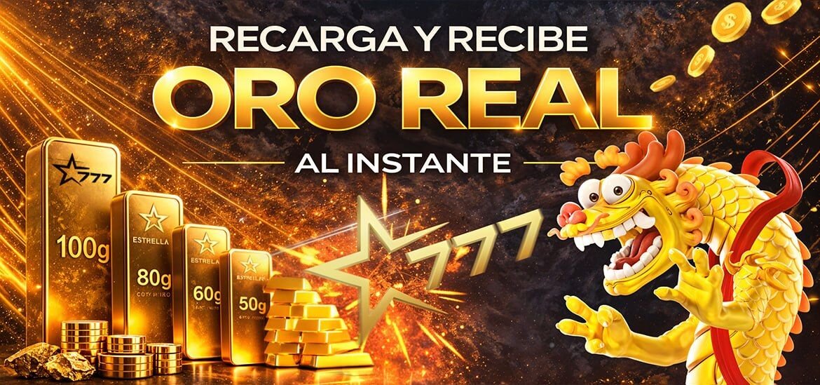 Banner promocional de Estrella777 con lingotes dorados y un dragón